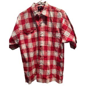 BoomX Jeans Short‎ Sleeve Shirt size Large, Linen Blend, Red White Plaid